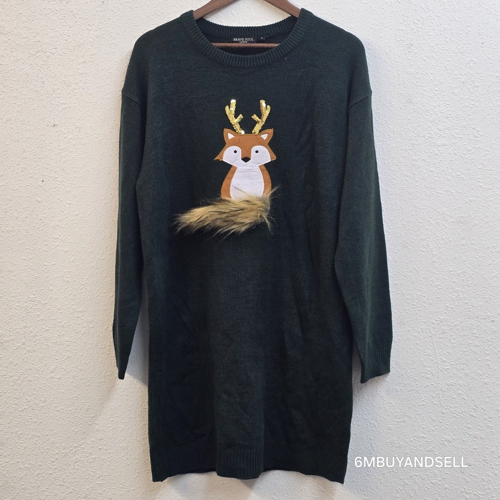 Brave Soul London Green Fox Applique Faux Fur Sweater Dress Womens L